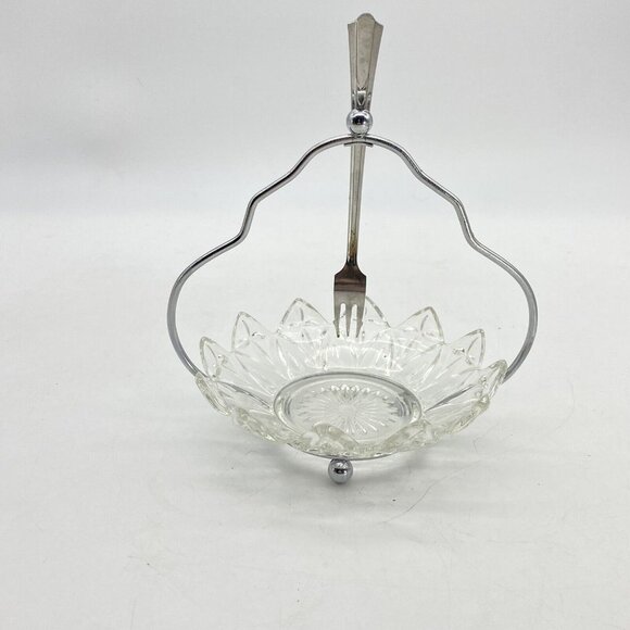 Vtg Seafood Server Glass Dish Scallop Edges Stainless Fork Handle Relish Dish - Picture 4 of 13